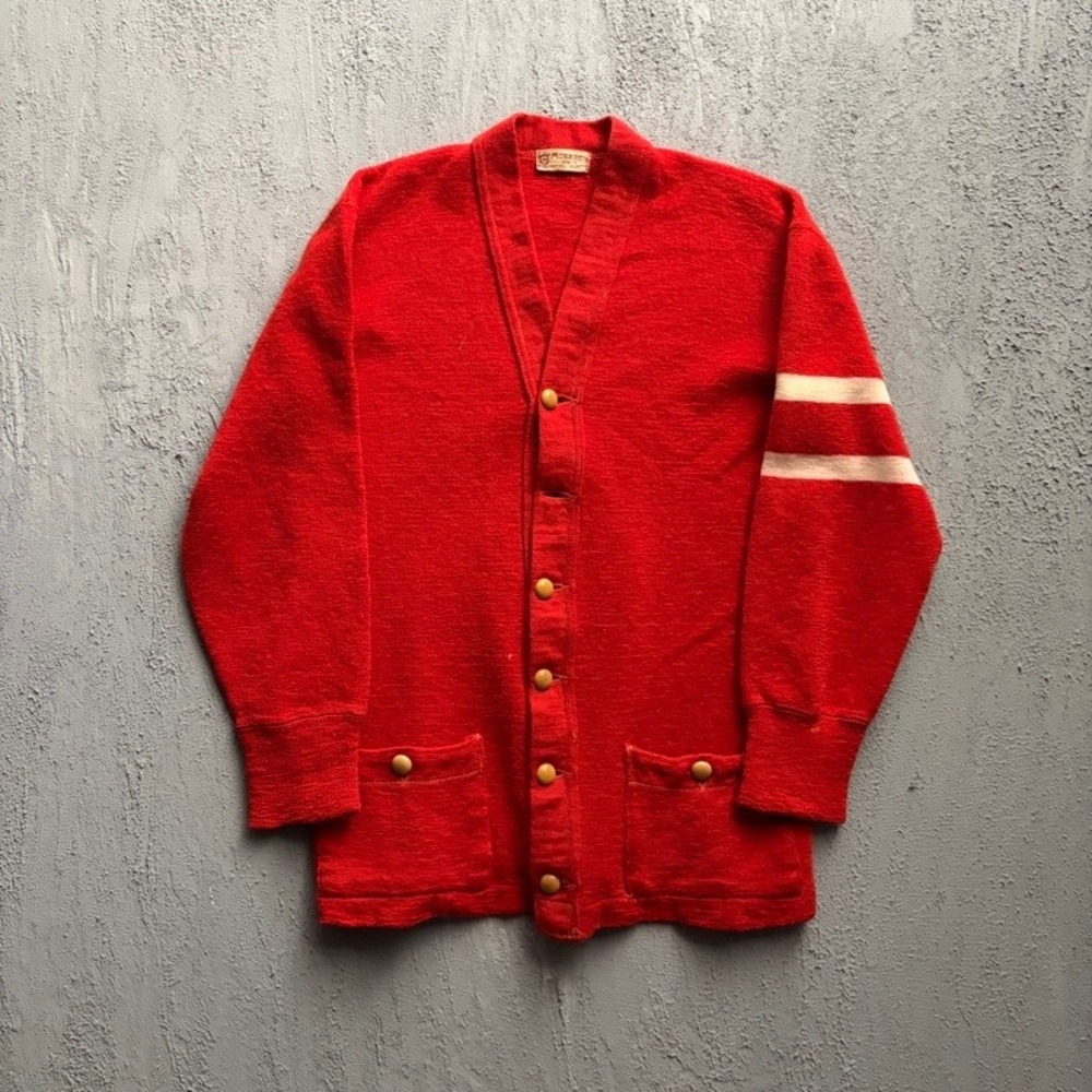 Vintage Monarch Knit Cardigan Red 1940s Letterman Varsity Striped Wool